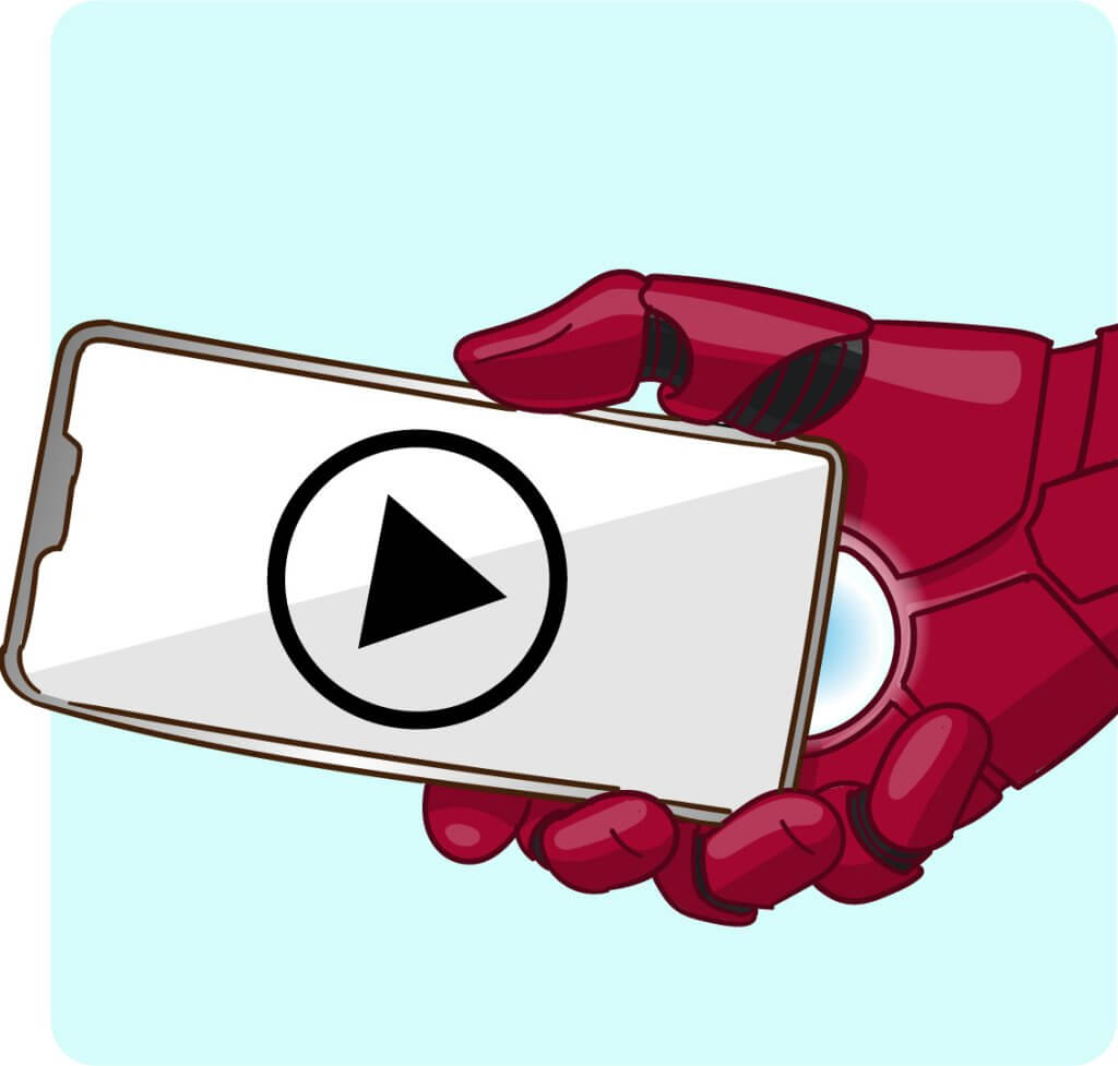 animationsvideo animation video ironman's glove holding iphone with video on it.